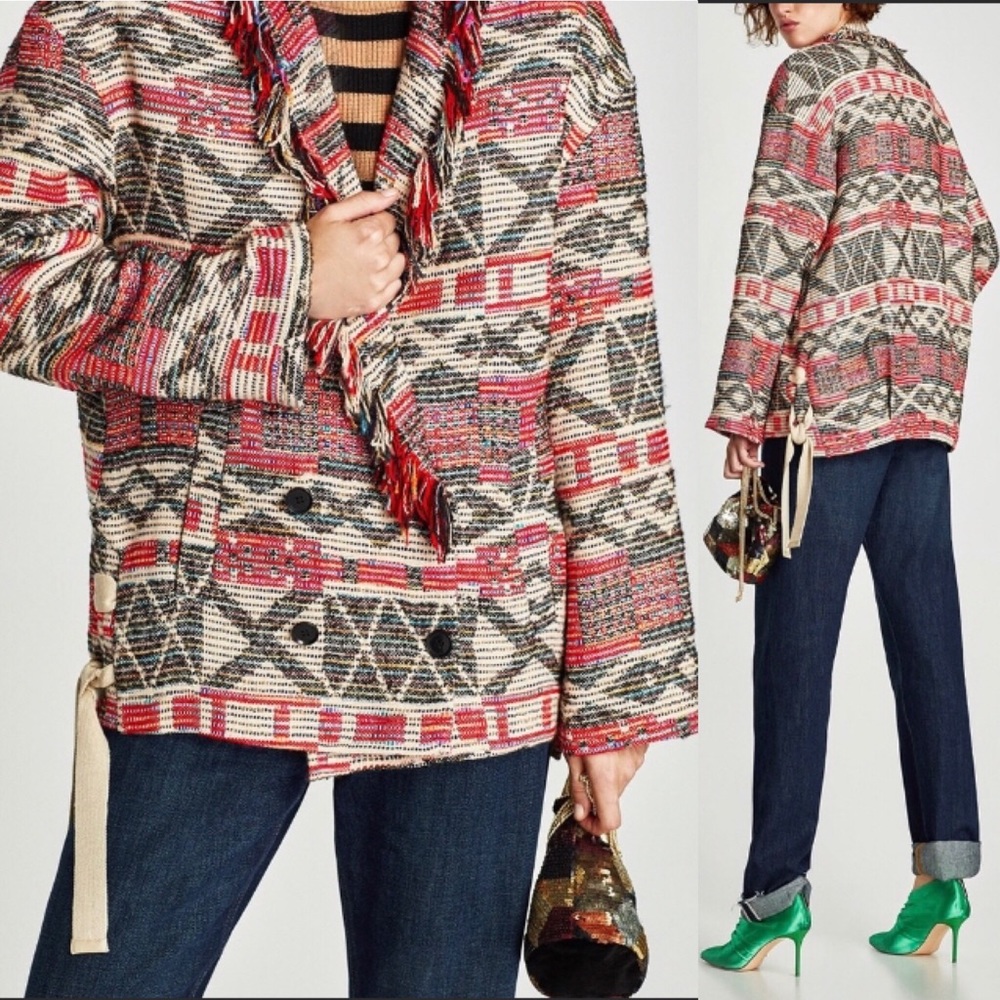 Zara - NWT. Boho Fringe Coat with Ribbon Detailing